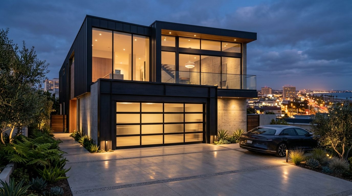 Mason Saliba Garage Door Masters Exterior Closed Garage Door at Twilight