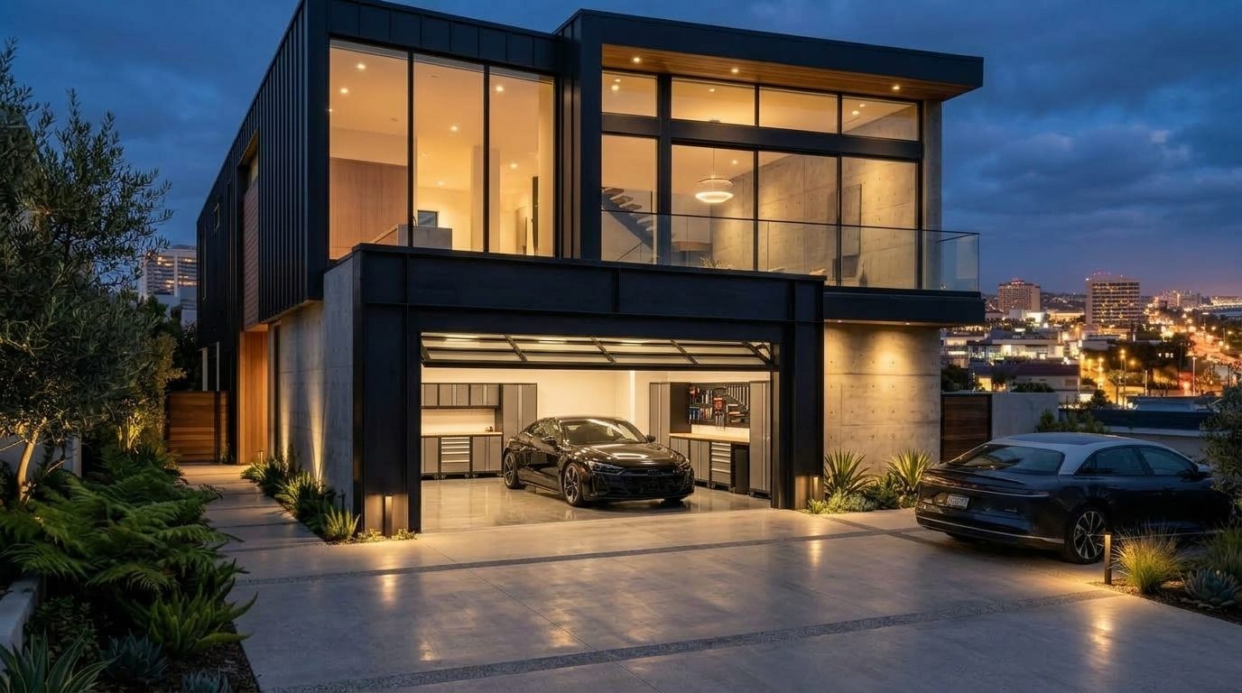 Mason Saliba Garage Door Masters Garage Door Gliding Open Revealing Warm Illuminated Interior