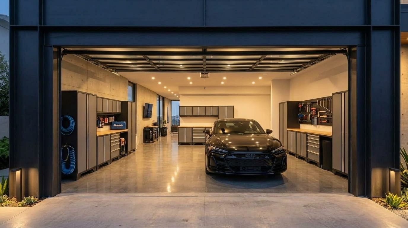 Mason Saliba Garage Door Masters Interior View of Custom Garage Door Overhead and Workshop